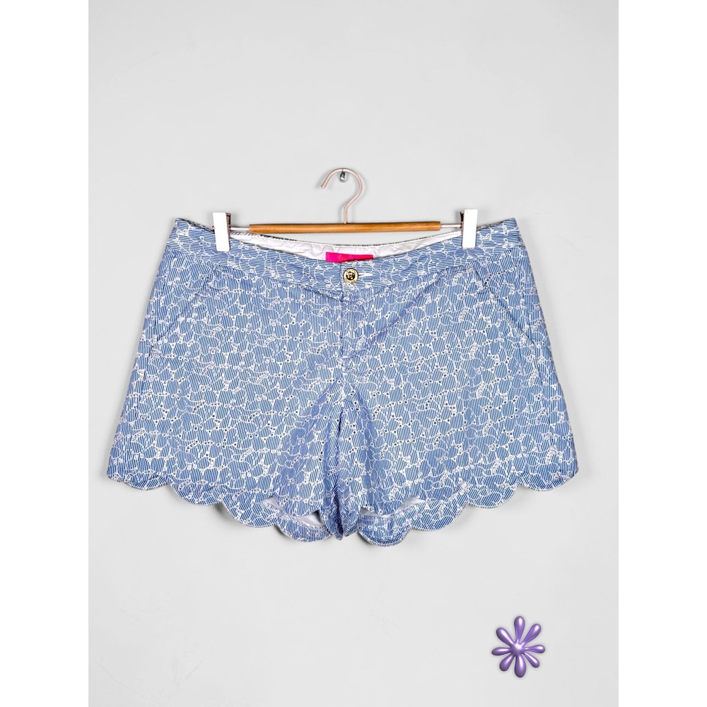 LILLY PULITZER Shorts Womens 12 Blue White Eyelet Scallop Hem Floralβ Stripe